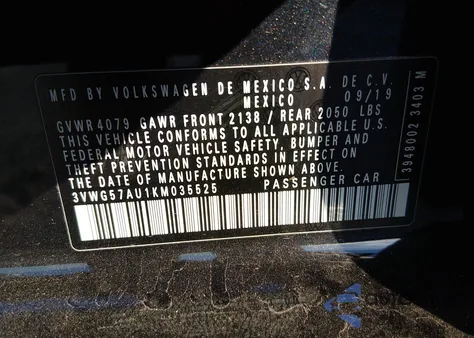 2019 Volkswagen Golf 1.4T S/1.4T Se from USA, damaged, VIN 3VWG57AU1KM035525